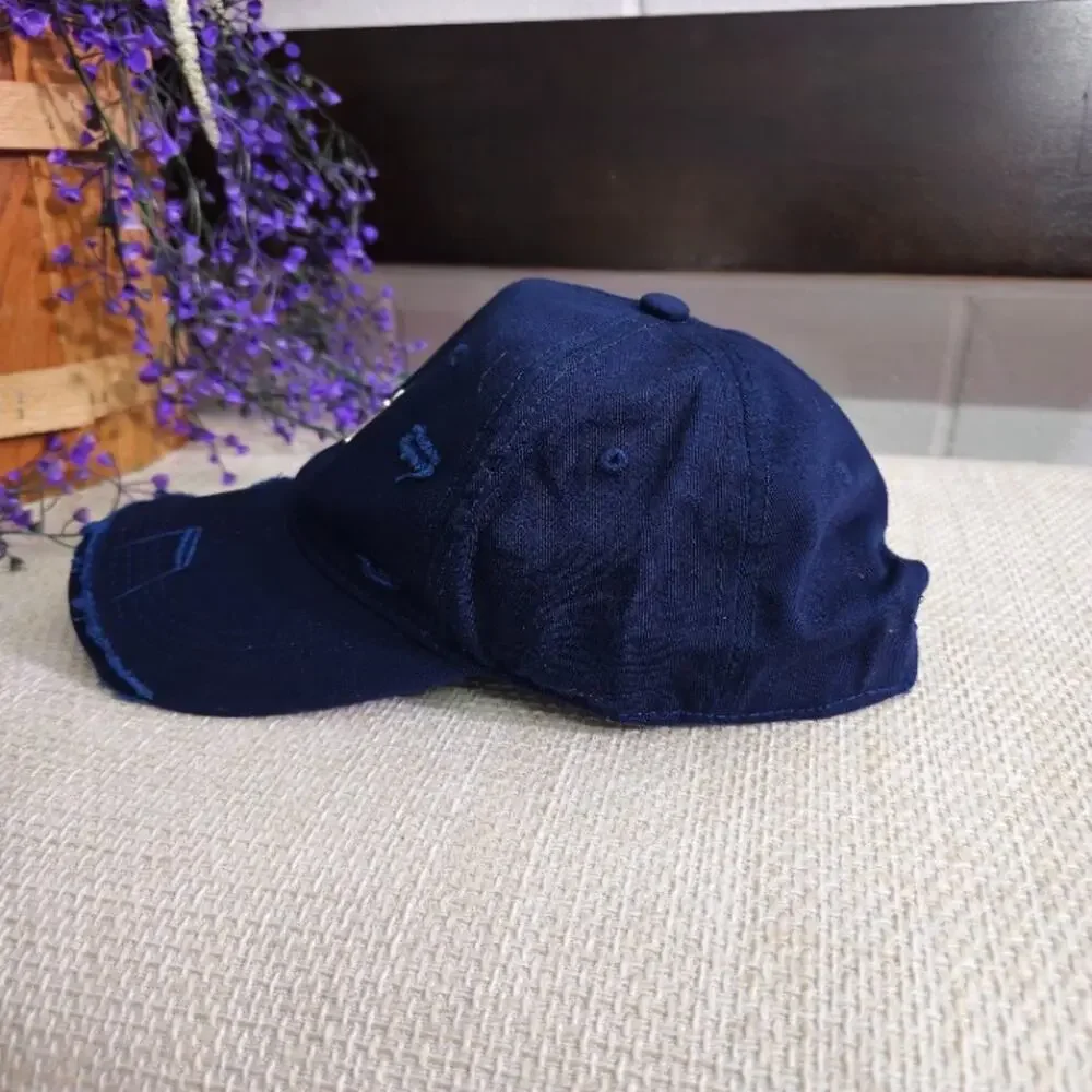 Gothic Cross Charm Distressed Denim Dad Hat Navy Blue OS Like New